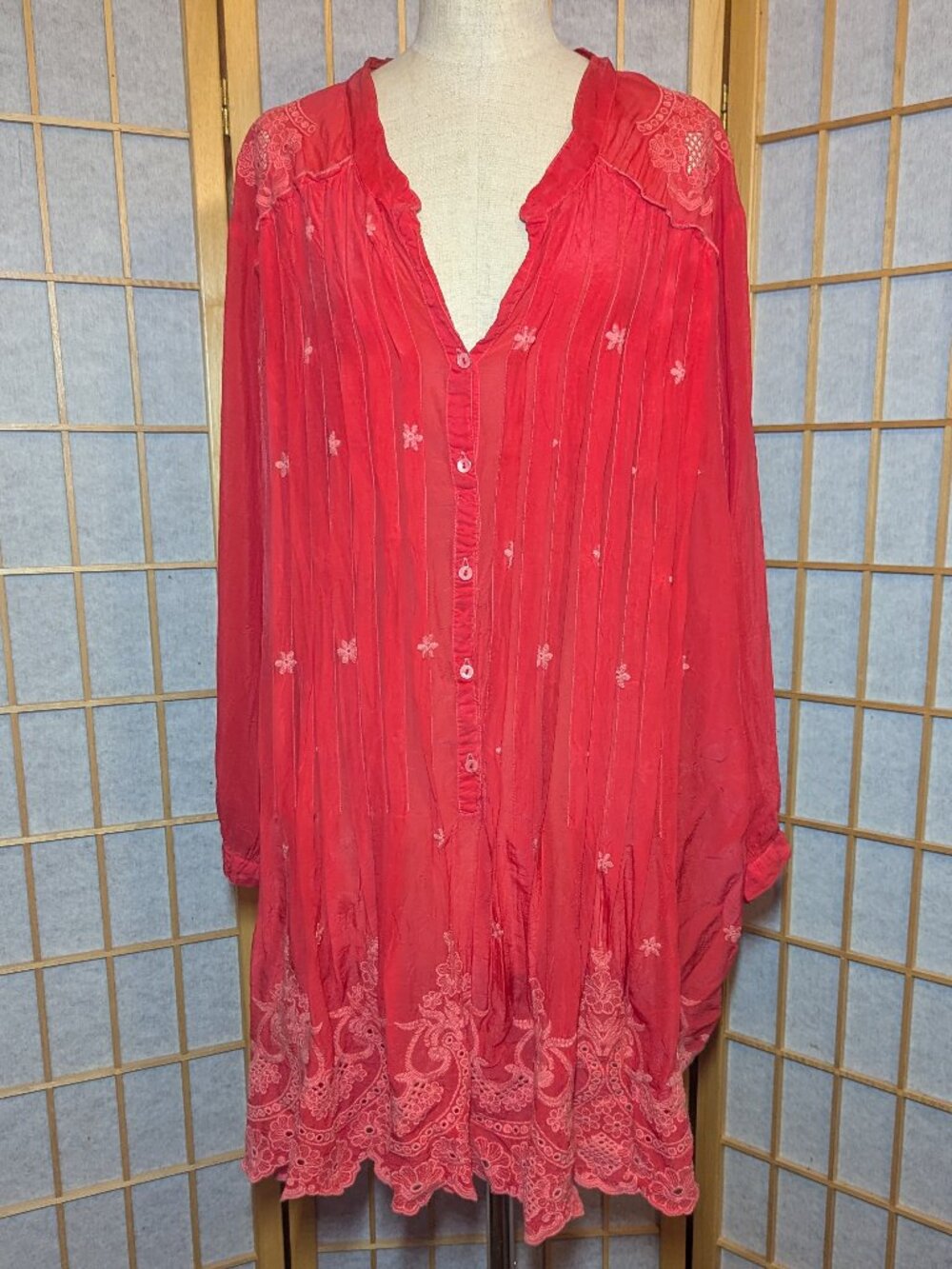 Johnny Was Pink Coral Dress Tunic Embroidered Floral Buttons Dress 2X
